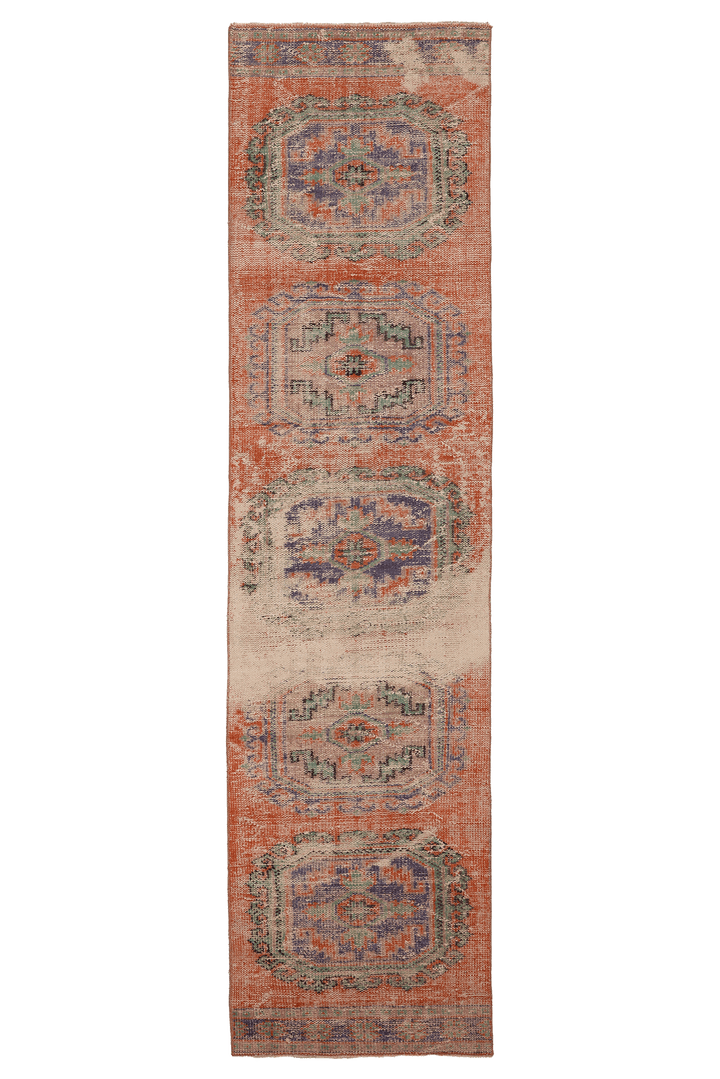 Vintage Manisa Turkish Runner Rug 2x11 ft — Orange & Blue Distressed