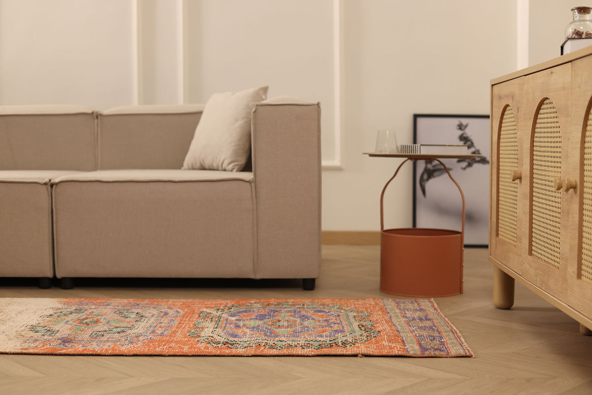 Vintage Manisa Turkish Runner Rug 2x11 ft — Orange & Blue Distressed