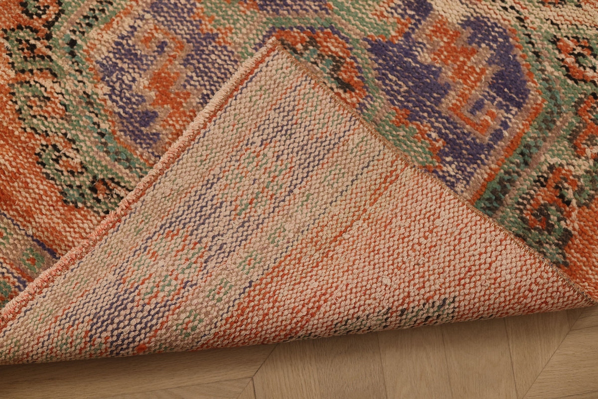 Vintage Manisa Turkish Runner Rug 2x11 ft — Orange & Blue Distressed