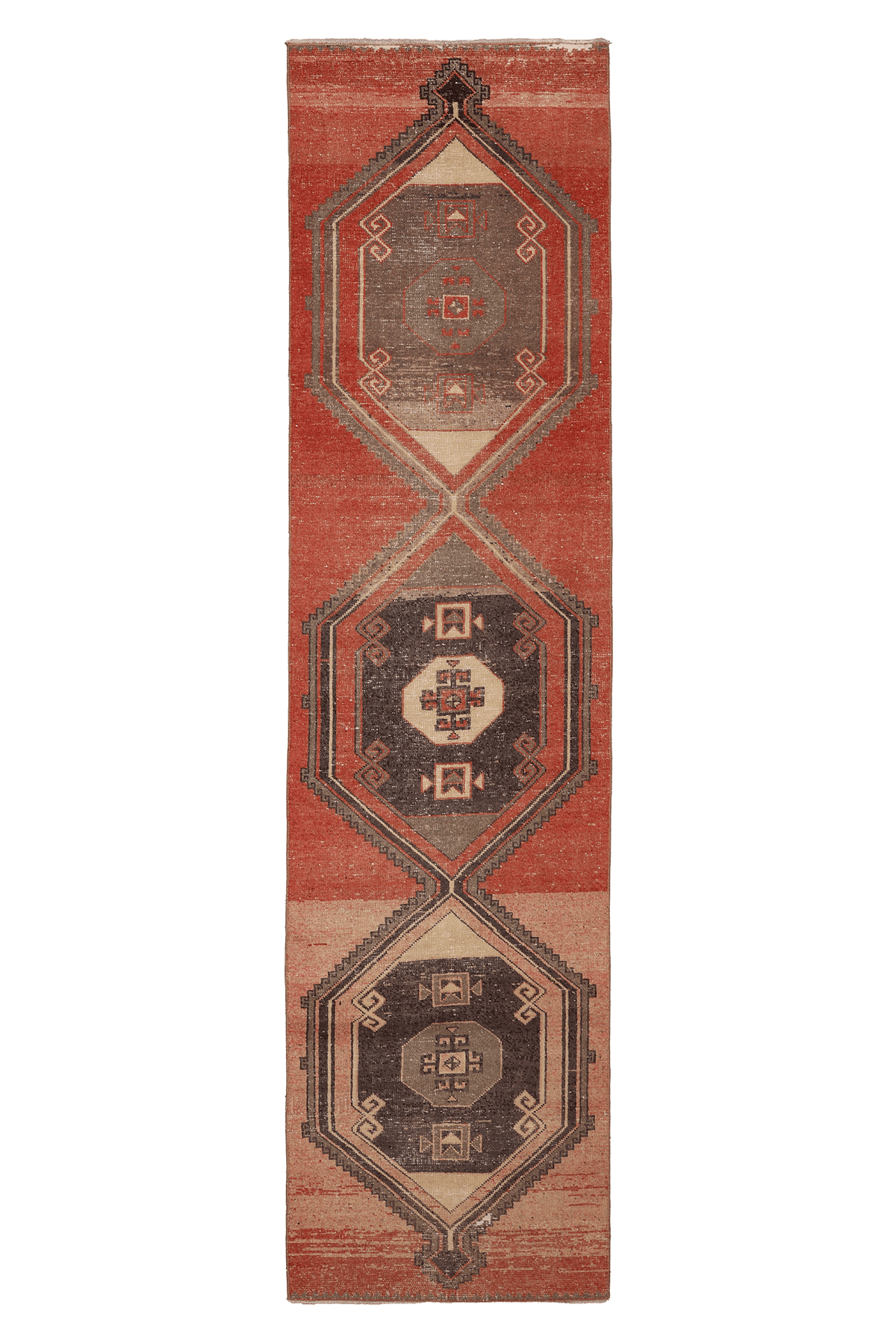Vintage Malatya Turkish Runner Rug 2x11 ft — Red & Brown Geometric (No. 27038)