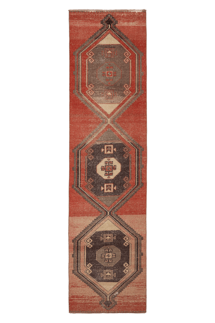 Vintage Malatya Turkish Runner Rug 2x11 ft — Red & Brown Geometric (No. 27038)