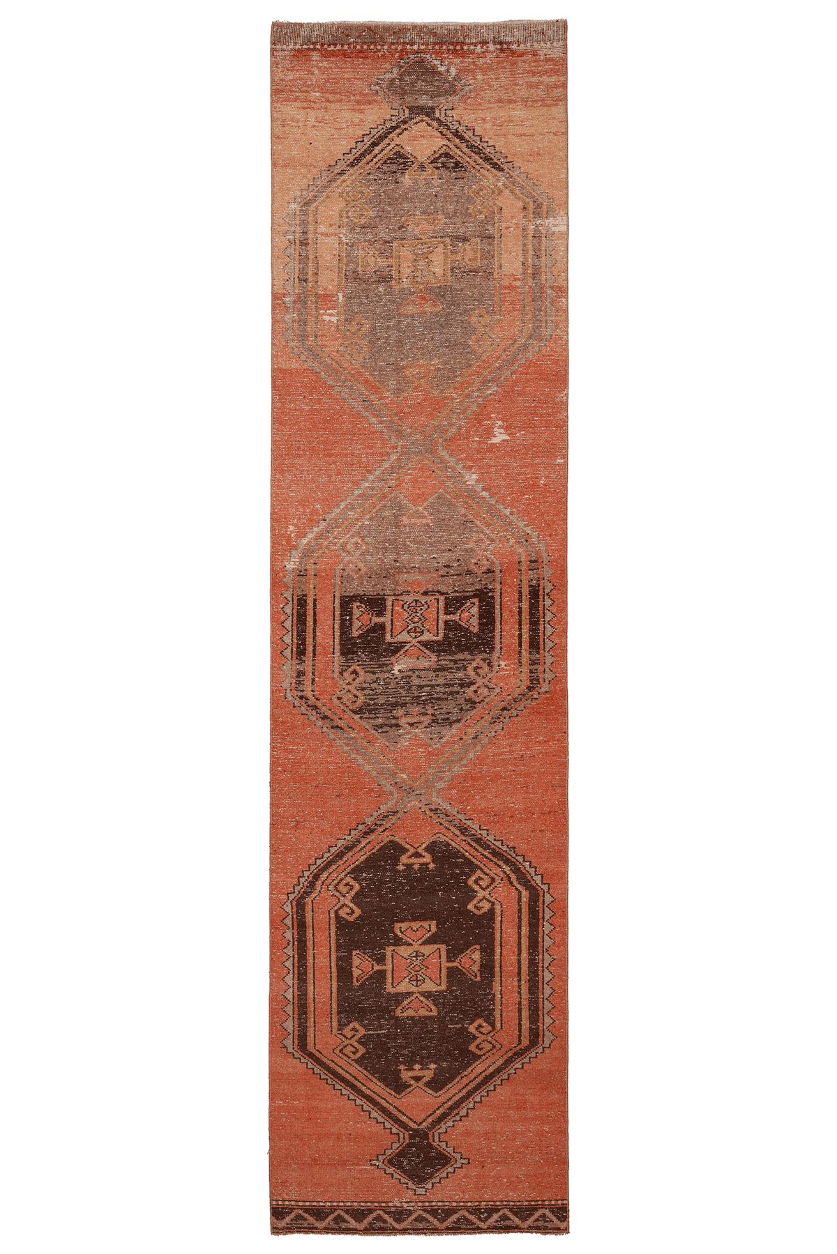 Vintage Malatya Turkish Runner Rug 2x12 ft — Orange & Brown Geometric (No. 27040)
