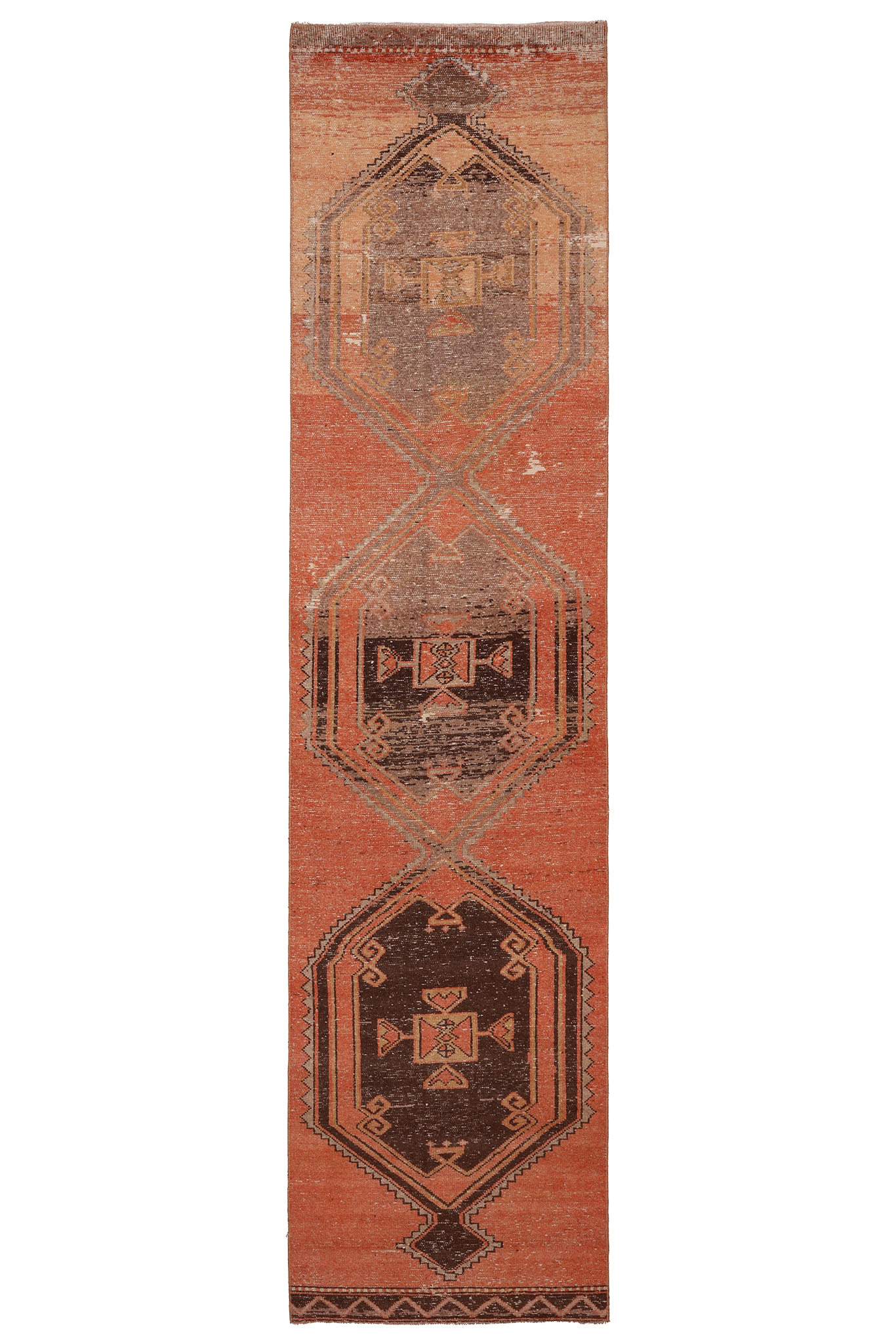 Vintage Malatya Turkish Runner Rug 2x12 ft — Orange & Brown Geometric (No. 27040)