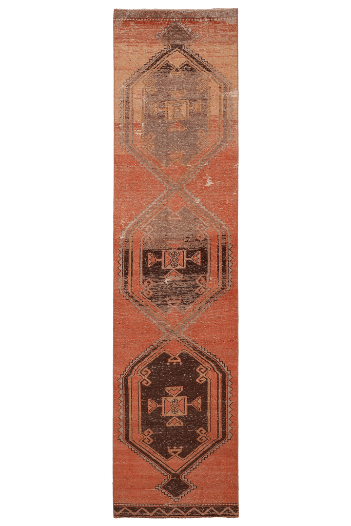Vintage Malatya Turkish Runner Rug 2x12 ft — Orange & Brown Geometric (No. 27040)