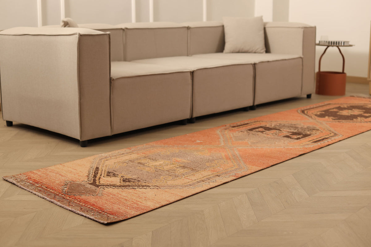 Vintage Malatya Turkish Runner Rug 2x12 ft — Orange & Brown Geometric (No. 27040)