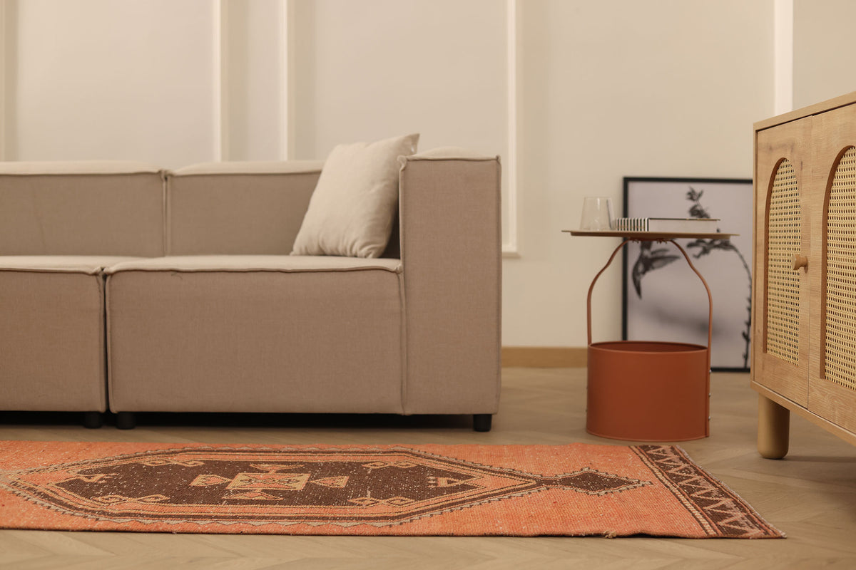 Vintage Malatya Turkish Runner Rug 2x12 ft — Orange & Brown Geometric (No. 27040)