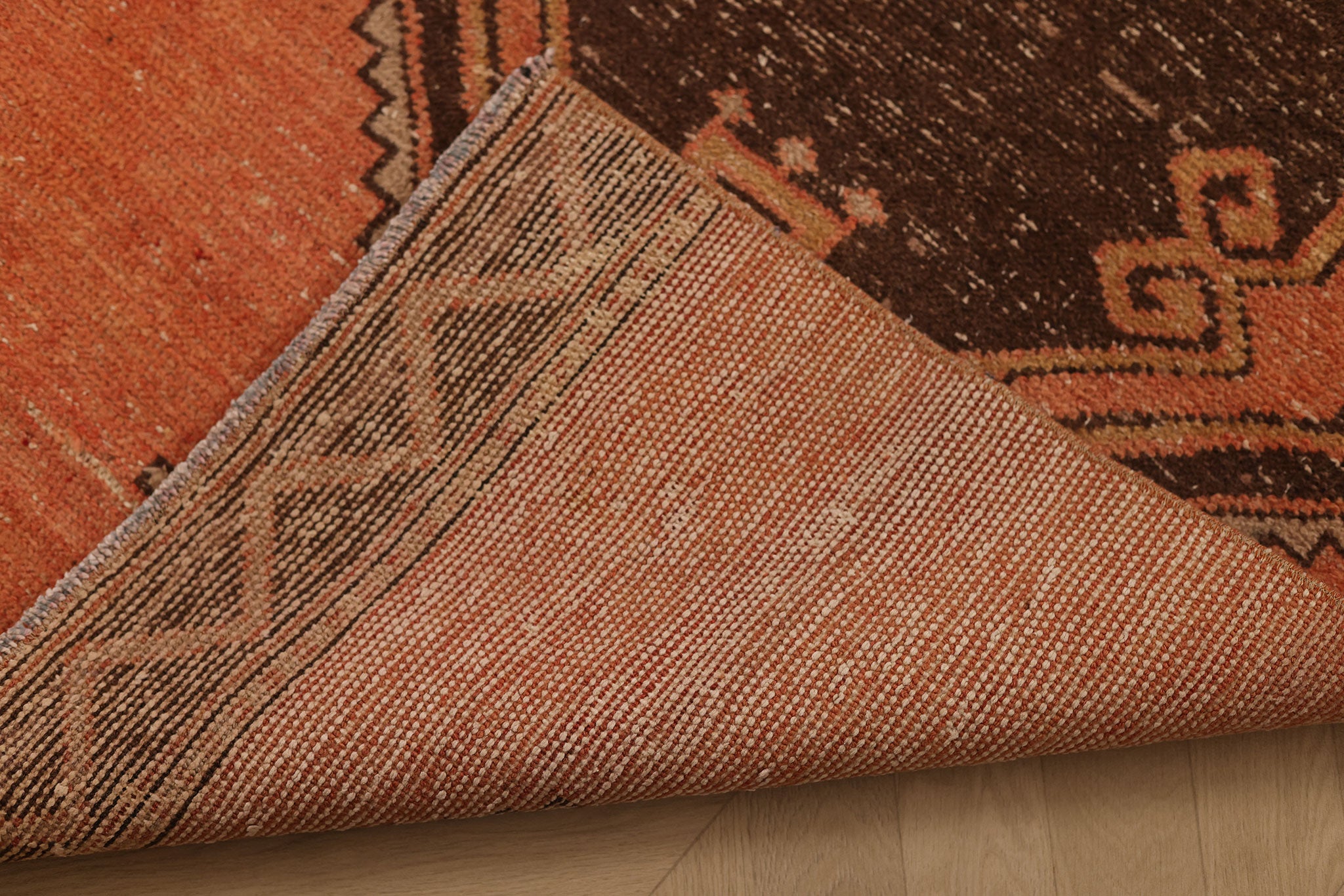Vintage Malatya Turkish Runner Rug 2x12 ft — Orange & Brown Geometric (No. 27040)