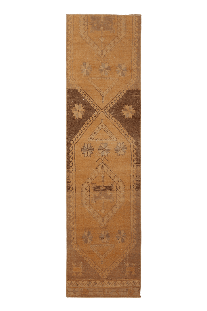 Vintage Malatya Turkish Runner Rug 3x10 ft — Orange & Brown Geometric