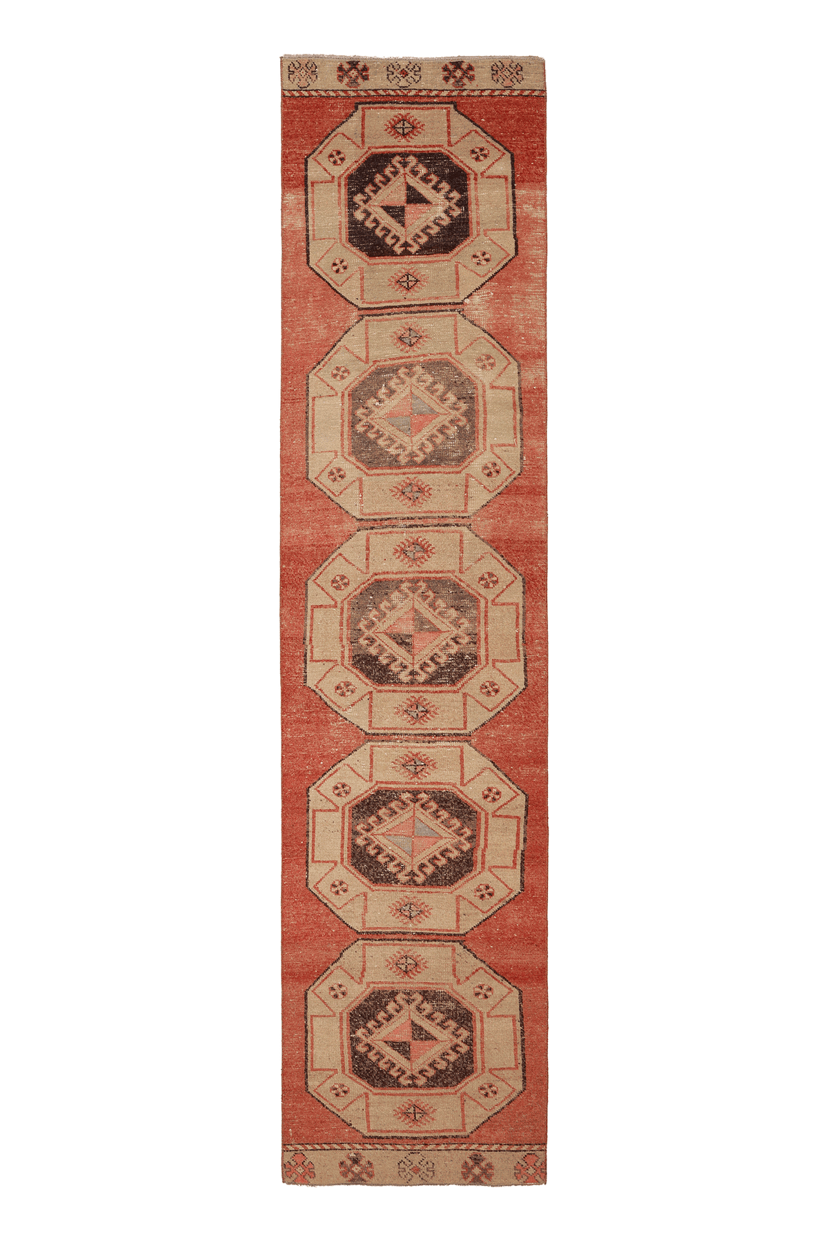 Vintage Malatya Turkish Runner Rug 3x12 ft — Red & Beige Geometric
