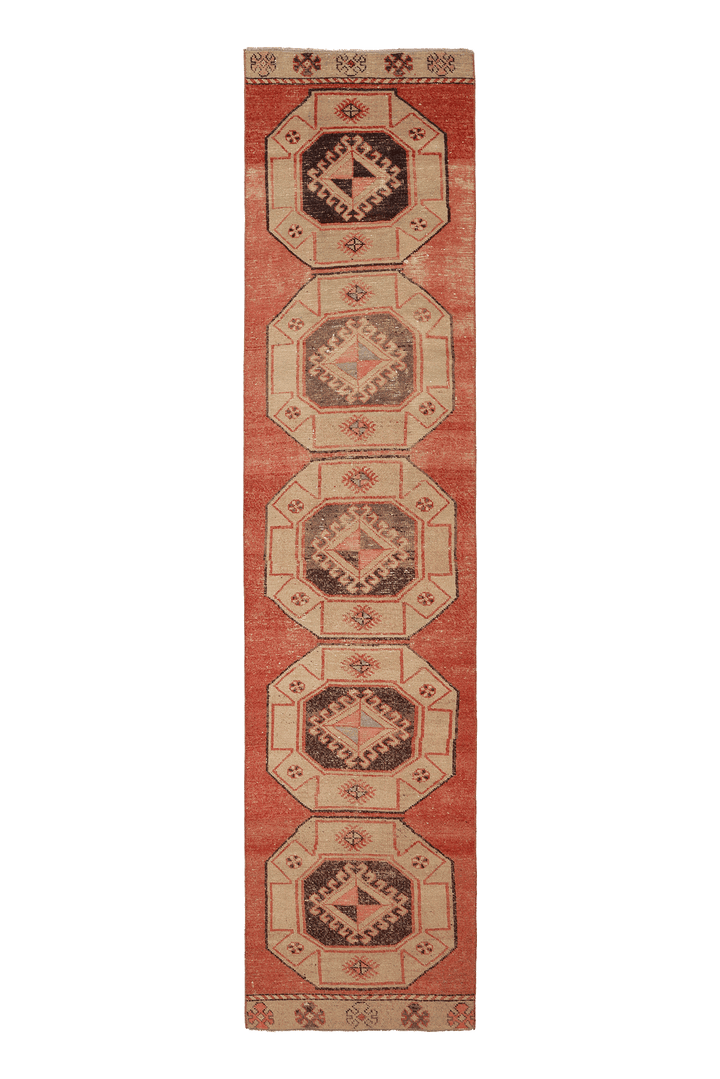 Vintage Malatya Turkish Runner Rug 3x12 ft — Red & Beige Geometric