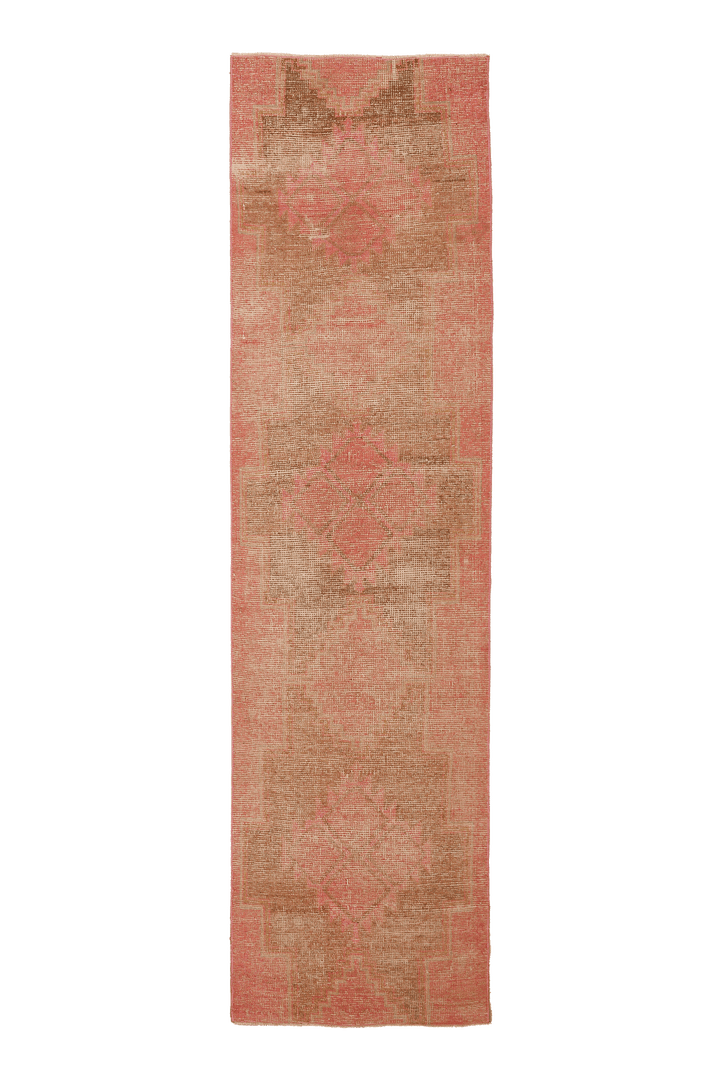 Vintage Malatya Turkish Runner Rug 3x11 ft — Pink & Brown Geometric