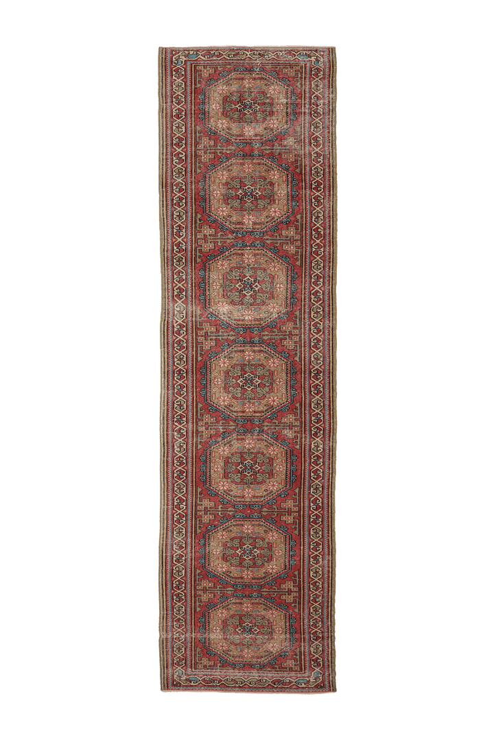 Vintage Southeastern Persian Style Runner Rug 3x12 ft — Red & Brown Geometric