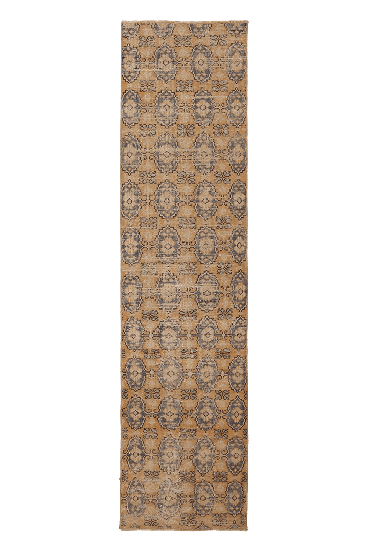 Vintage Manisa Turkish Runner Rug 2x10 ft — Beige & Blue Floral