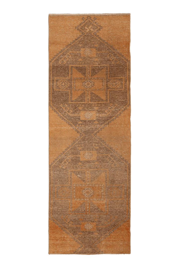 Vintage Malatya Turkish Runner Rug 3x8 ft — Orange & Brown Geometric