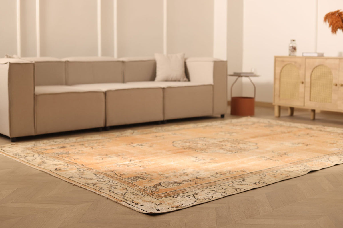 Vintage Isparta Turkish Area Rug 7x11 ft — Orange & Beige Floral