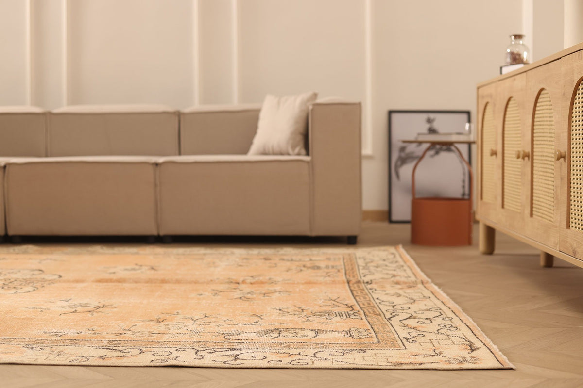 Vintage Isparta Turkish Area Rug 7x11 ft — Orange & Beige Floral