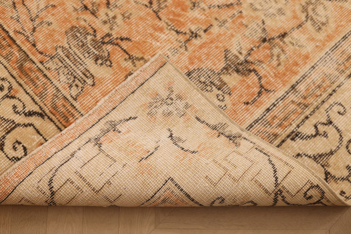 Vintage Isparta Turkish Area Rug 7x11 ft — Orange & Beige Floral