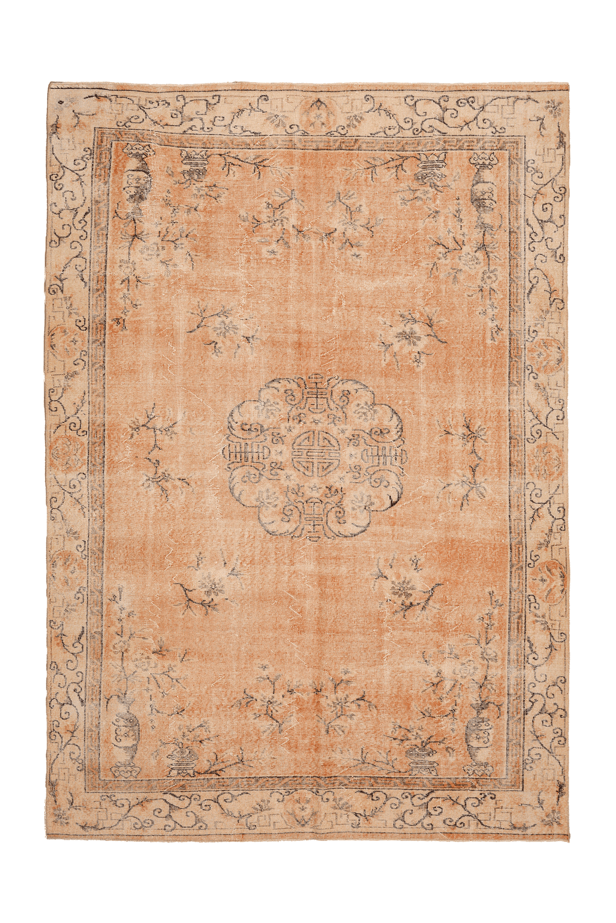Vintage Isparta Turkish Area Rug 7x11 ft — Orange & Beige Floral