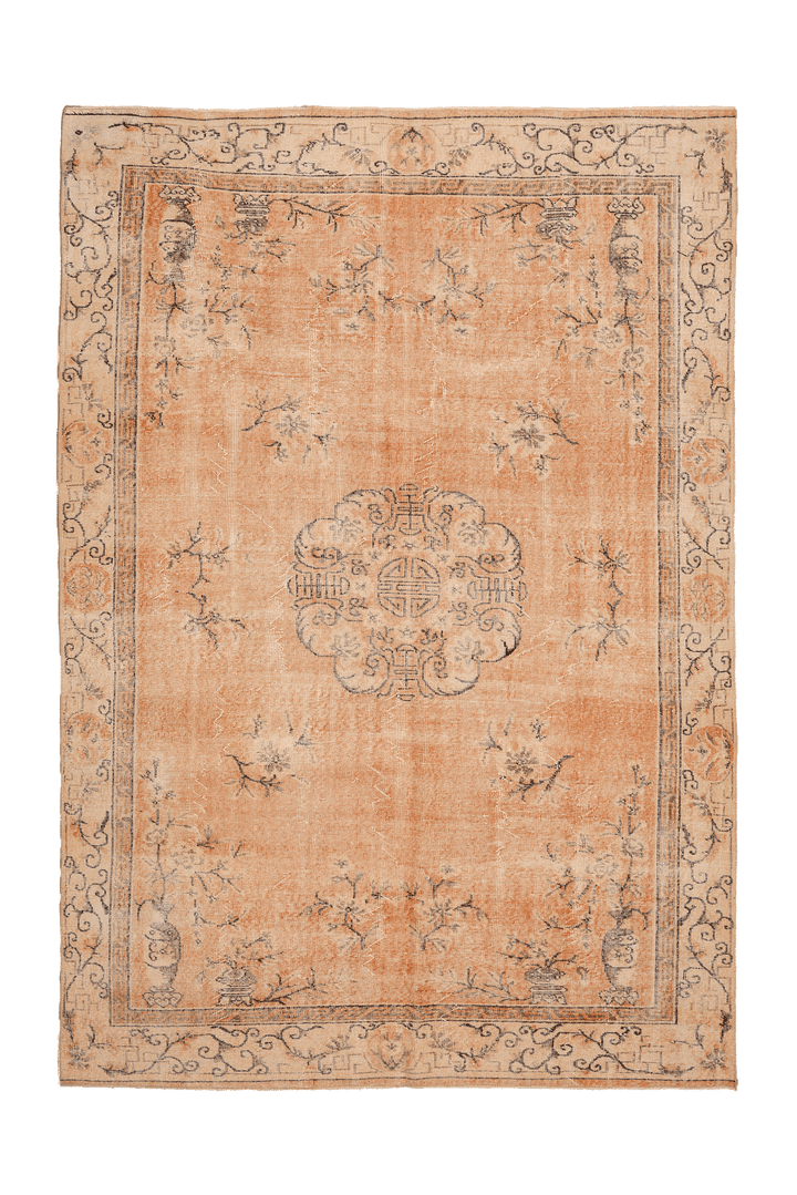 Vintage Isparta Turkish Area Rug 7x11 ft — Orange & Beige Floral