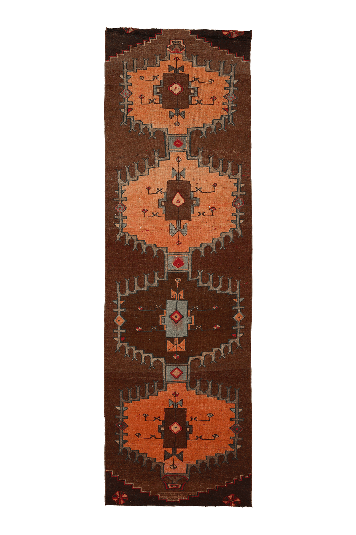Vintage Kars Turkish Runner Rug 3x10 ft — Brown & Orange Geometric