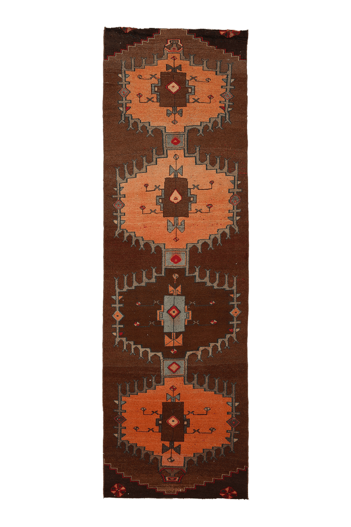 Vintage Kars Turkish Runner Rug 3x10 ft — Brown & Orange Geometric