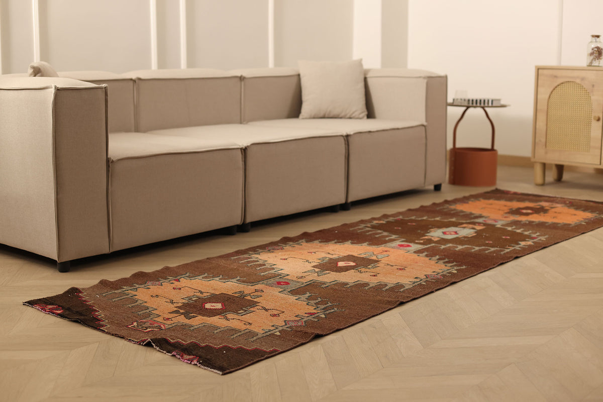 Vintage Kars Turkish Runner Rug 3x10 ft — Brown & Orange Geometric