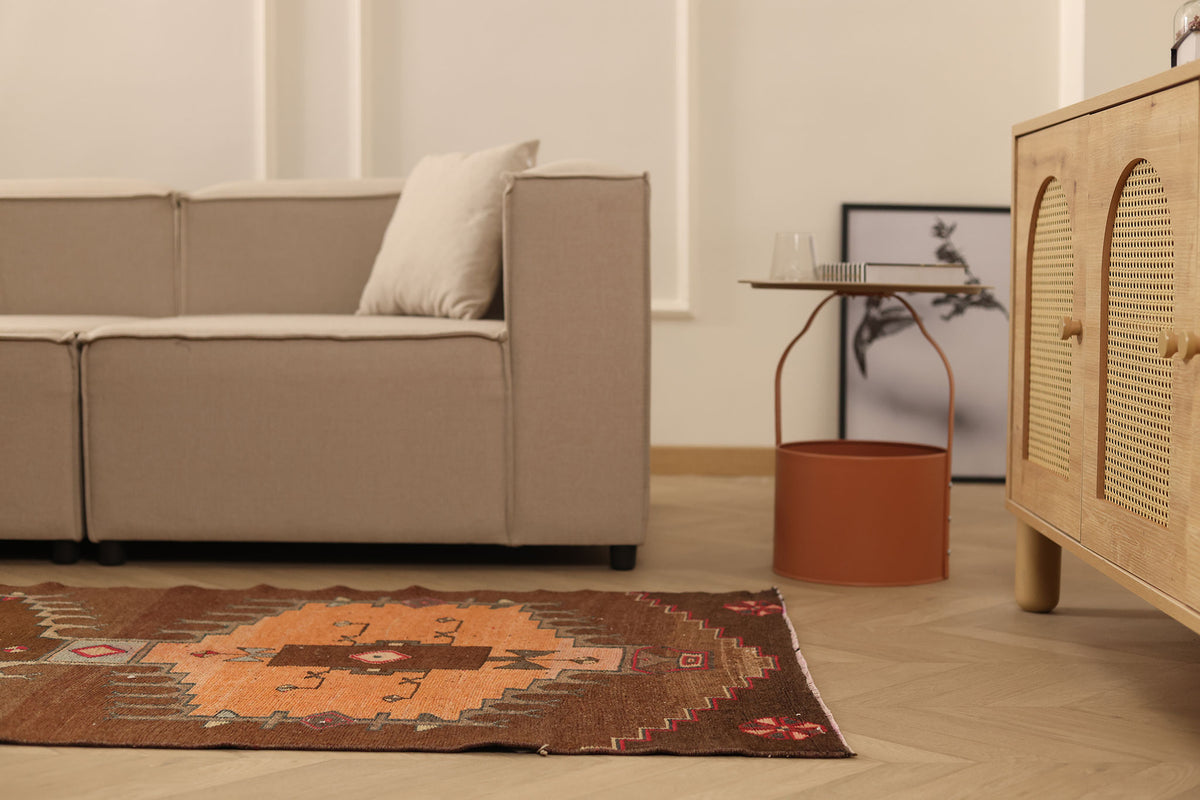 Vintage Kars Turkish Runner Rug 3x10 ft — Brown & Orange Geometric