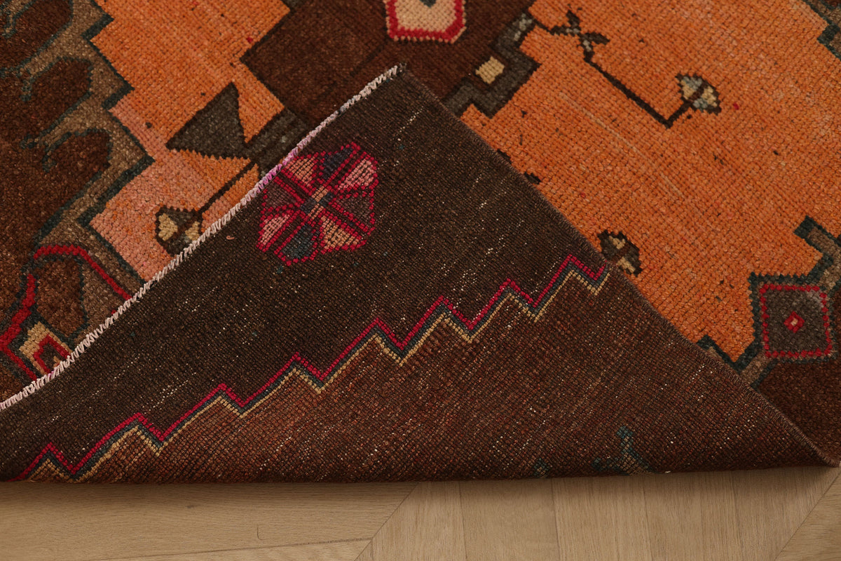 Vintage Kars Turkish Runner Rug 3x10 ft — Brown & Orange Geometric