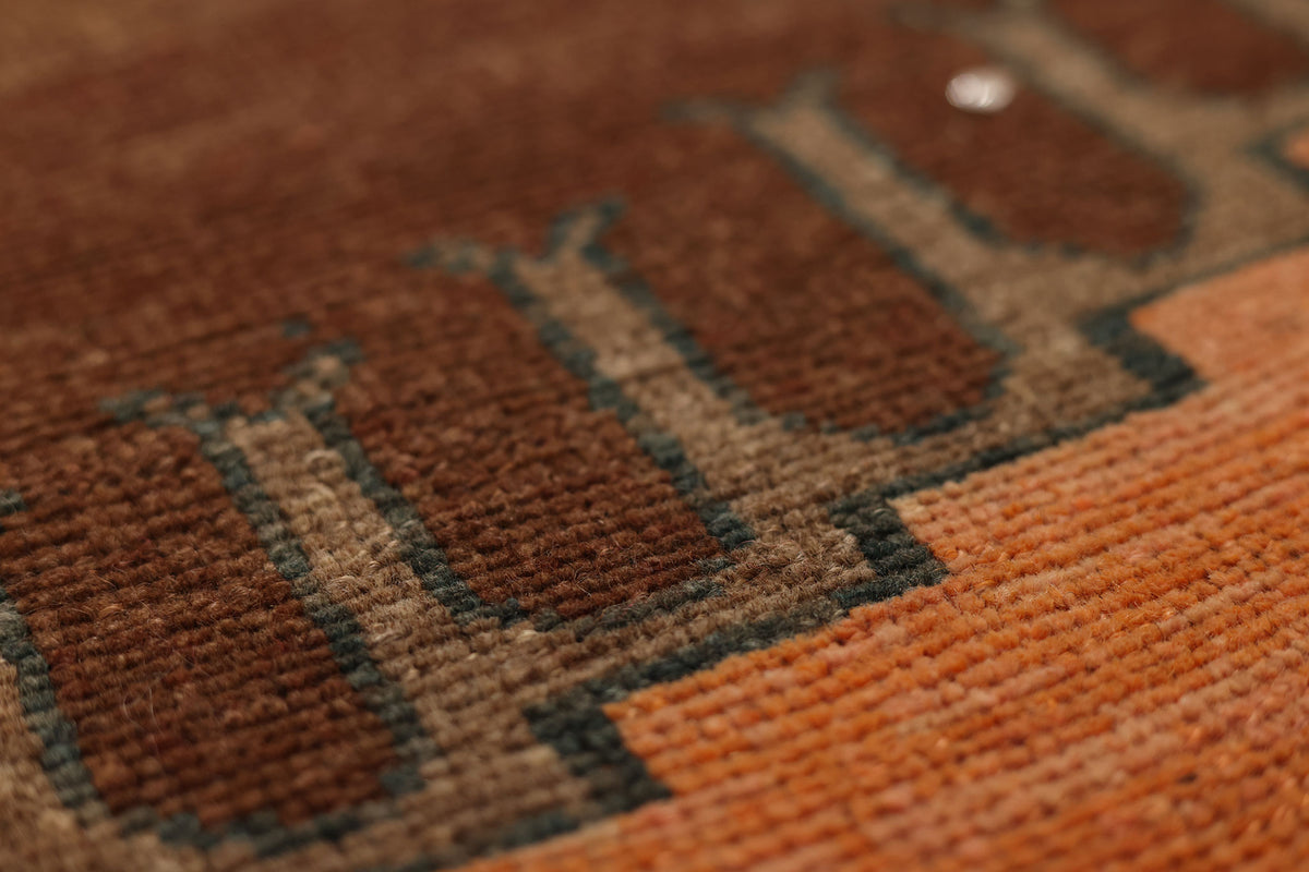 Vintage Kars Turkish Runner Rug 3x10 ft — Brown & Orange Geometric