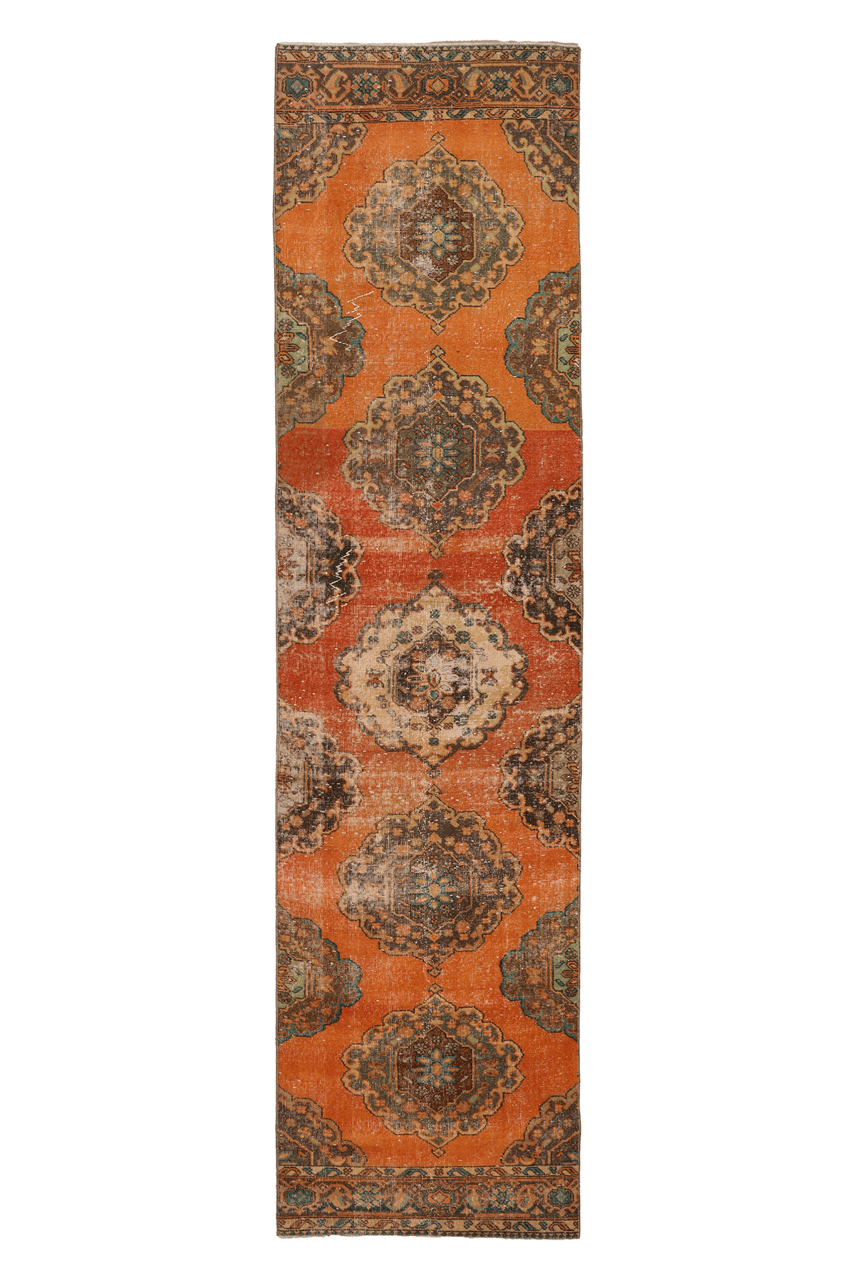 Vintage Konya Turkish Runner Rug 2x12 ft — Orange & Brown maximalist