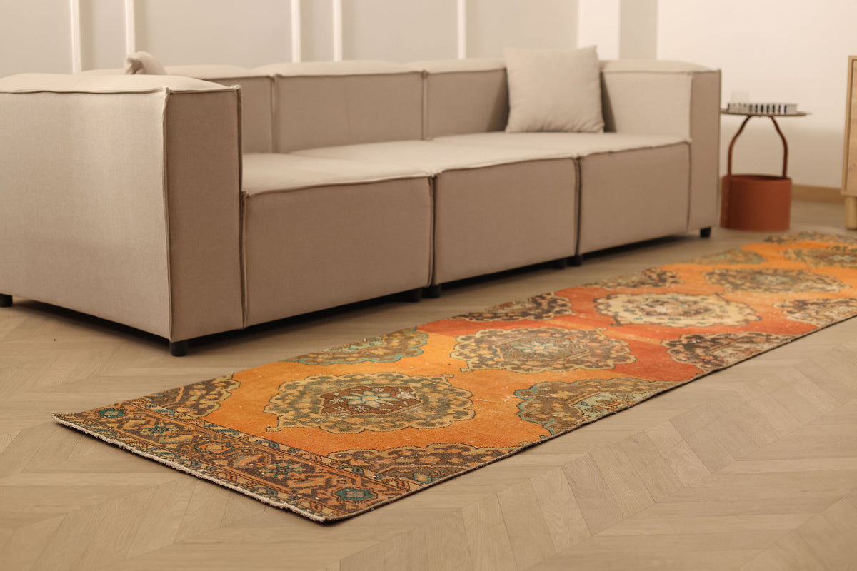 Vintage Konya Turkish Runner Rug 2x12 ft — Orange & Brown maximalist