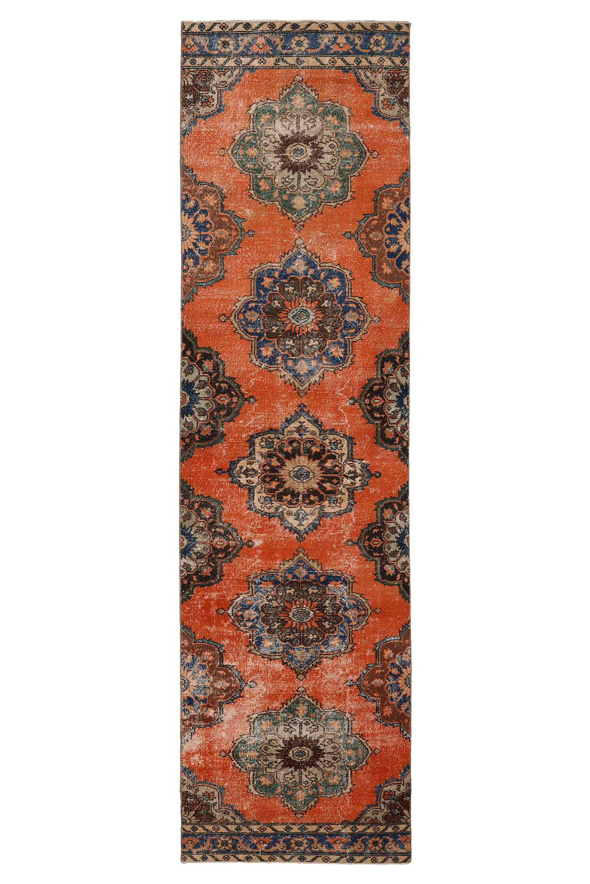 Vintage Konya Turkish Runner Rug 3x12 ft — Orange & Blue Floral