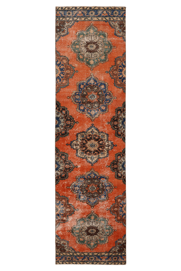 Vintage Konya Turkish Runner Rug 3x12 ft — Orange & Blue Floral