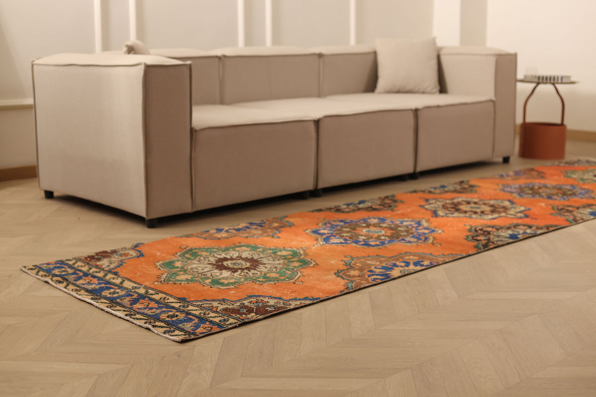 Vintage Konya Turkish Runner Rug 3x12 ft — Orange & Blue Floral