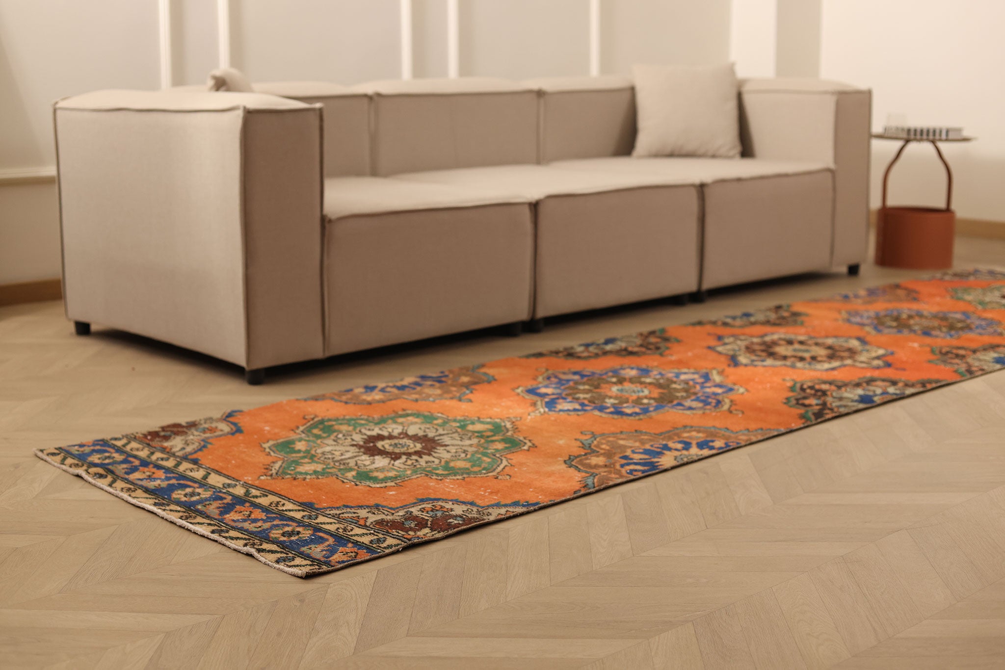 Vintage Konya Turkish Runner Rug 3x12 ft — Orange & Blue Floral