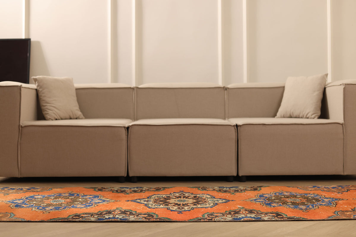 Vintage Konya Turkish Runner Rug 3x12 ft — Orange & Blue Floral