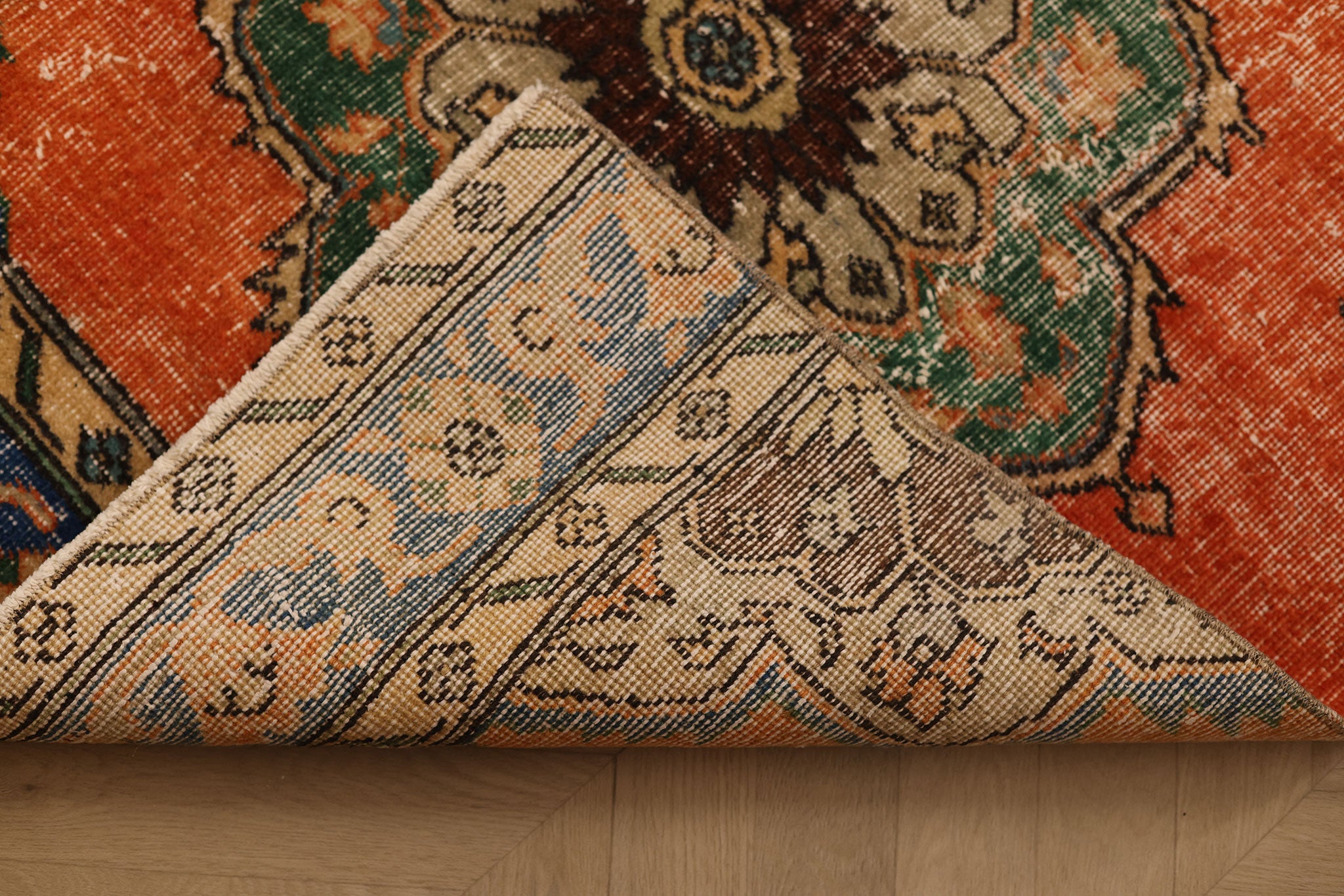 Vintage Konya Turkish Runner Rug 3x12 ft — Orange & Blue Floral