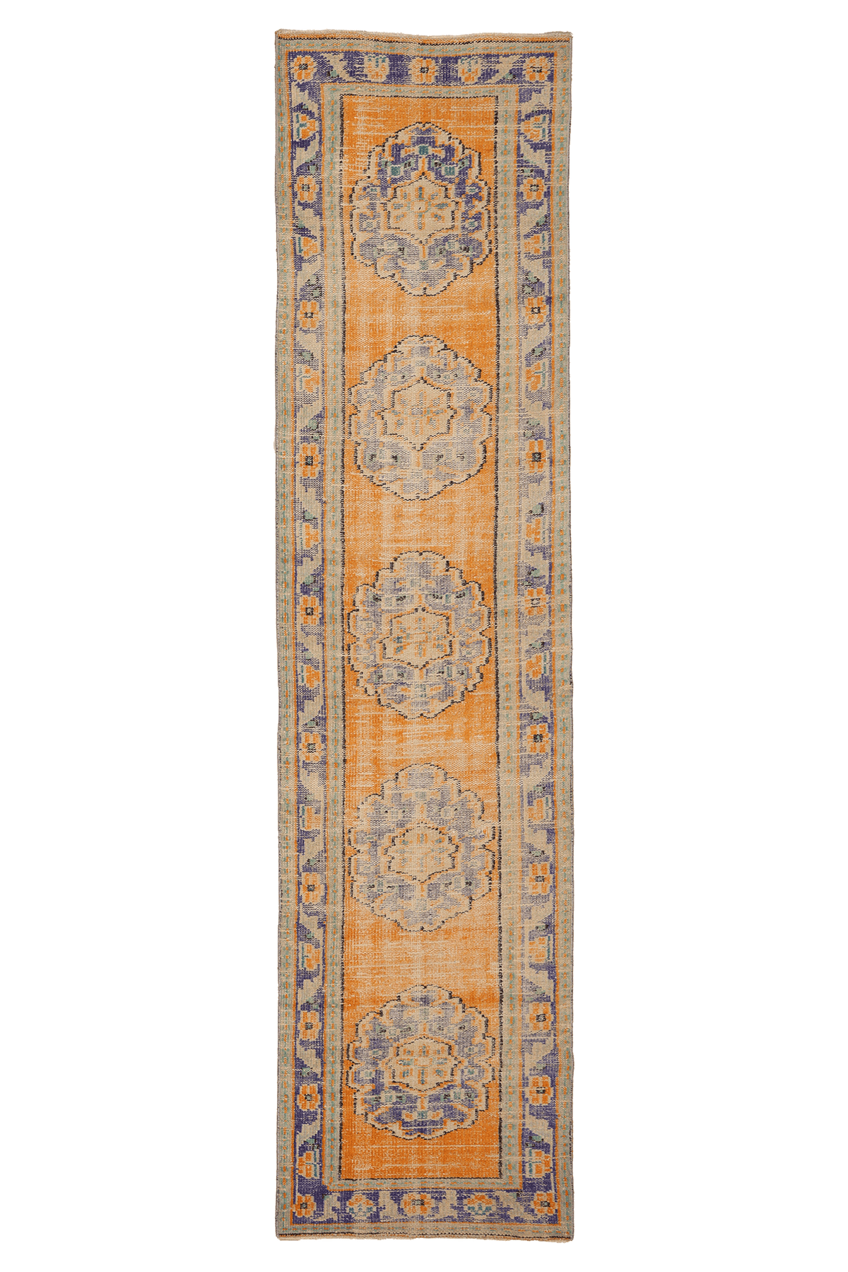 Vintage Manisa Turkish Runner Rug 2x11 ft — Orange & Blue Geometric (No. 28024)