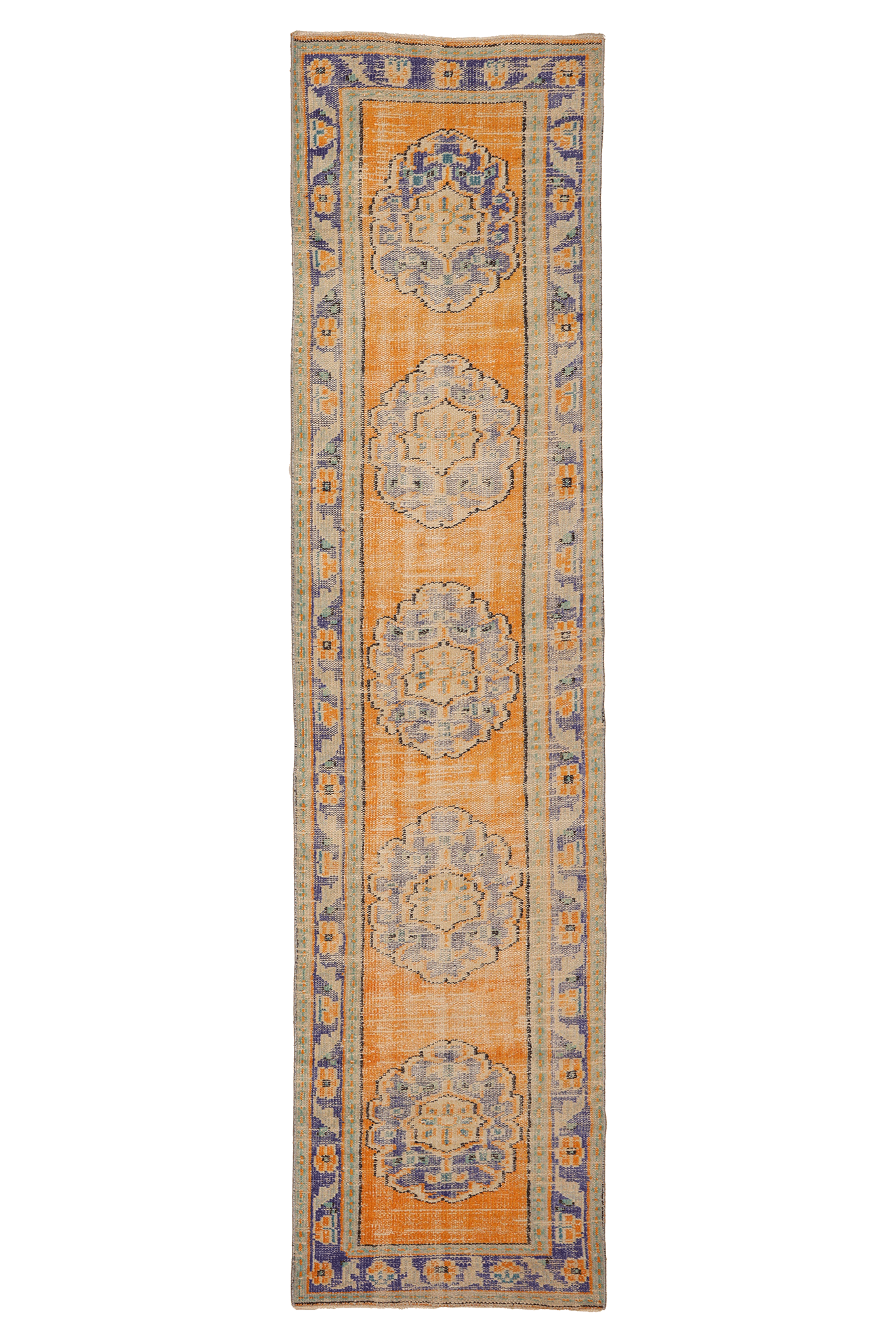 Vintage Manisa Turkish Runner Rug 2x11 ft — Orange & Blue Geometric (No. 28024)