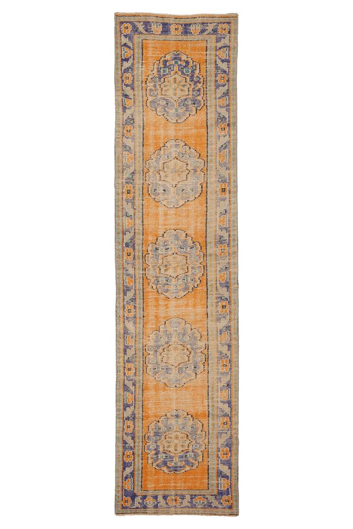Vintage Manisa Turkish Runner Rug 2x11 ft — Orange & Blue Geometric (No. 28024)