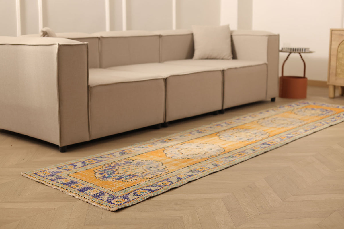 Vintage Manisa Turkish Runner Rug 2x11 ft — Orange & Blue Geometric (No. 28024)