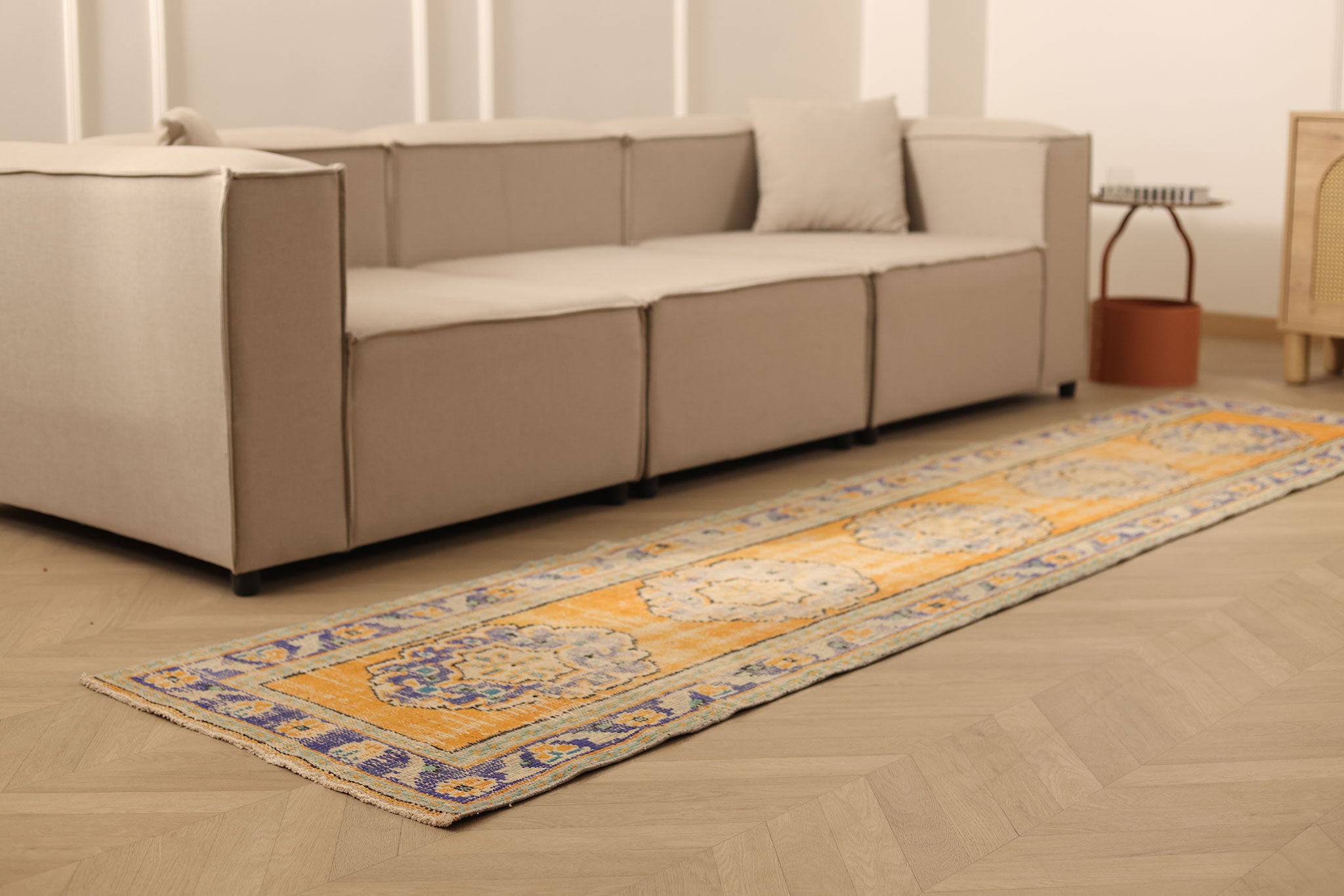 Vintage Manisa Turkish Runner Rug 2x11 ft — Orange & Blue Geometric (No. 28024)
