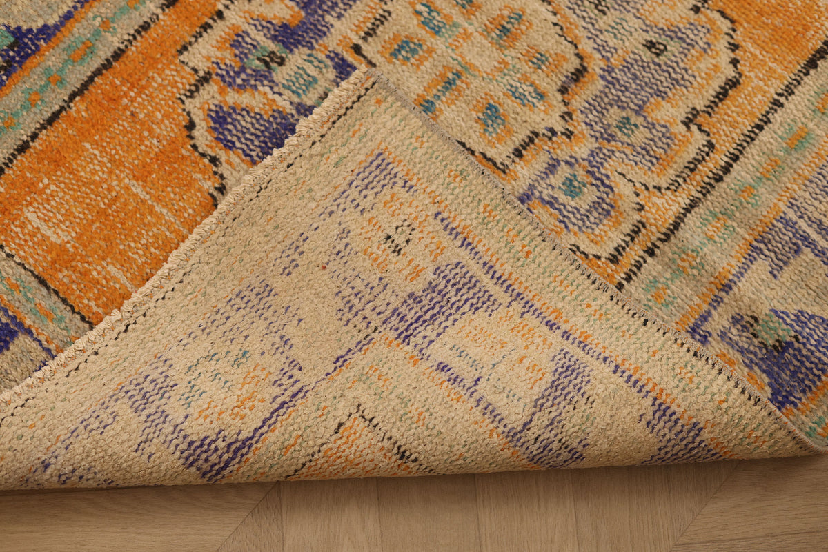 Vintage Manisa Turkish Runner Rug 2x11 ft — Orange & Blue Geometric (No. 28024)