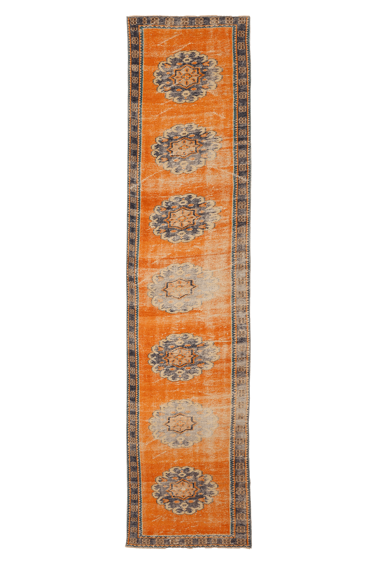 Vintage Manisa Turkish Runner Rug 2x11 ft — Orange & Blue Geometric (No. 28025)