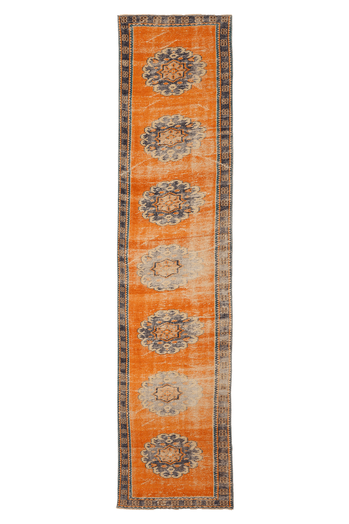 Vintage Manisa Turkish Runner Rug 2x11 ft — Orange & Blue Geometric (No. 28025)