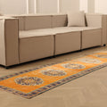 Vintage Manisa Turkish Runner Rug 2x11 ft — Orange & Blue Geometric (No. 28025)