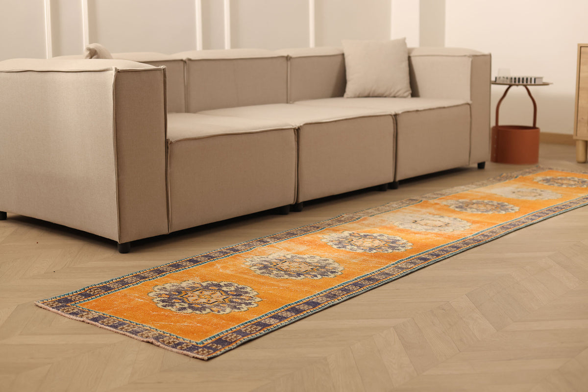 Vintage Manisa Turkish Runner Rug 2x11 ft — Orange & Blue Geometric (No. 28025)