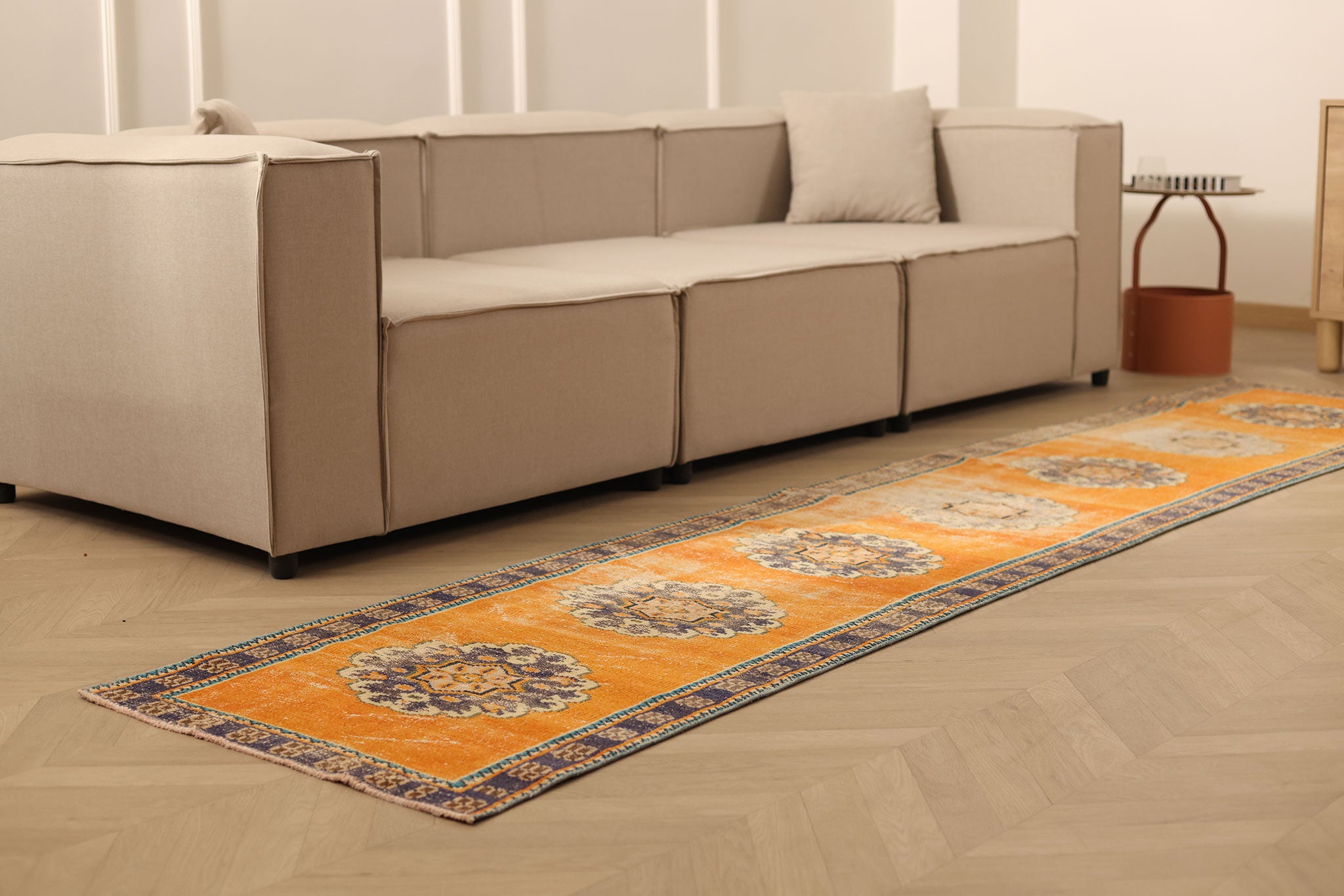 Vintage Manisa Turkish Runner Rug 2x11 ft — Orange & Blue Geometric (No. 28025)