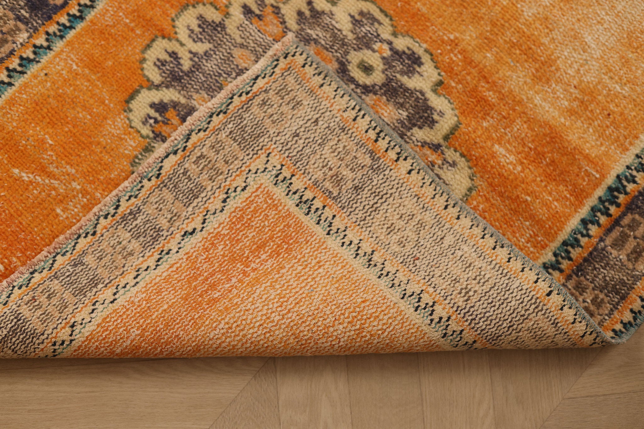 Vintage Manisa Turkish Runner Rug 2x11 ft — Orange & Blue Geometric (No. 28025)