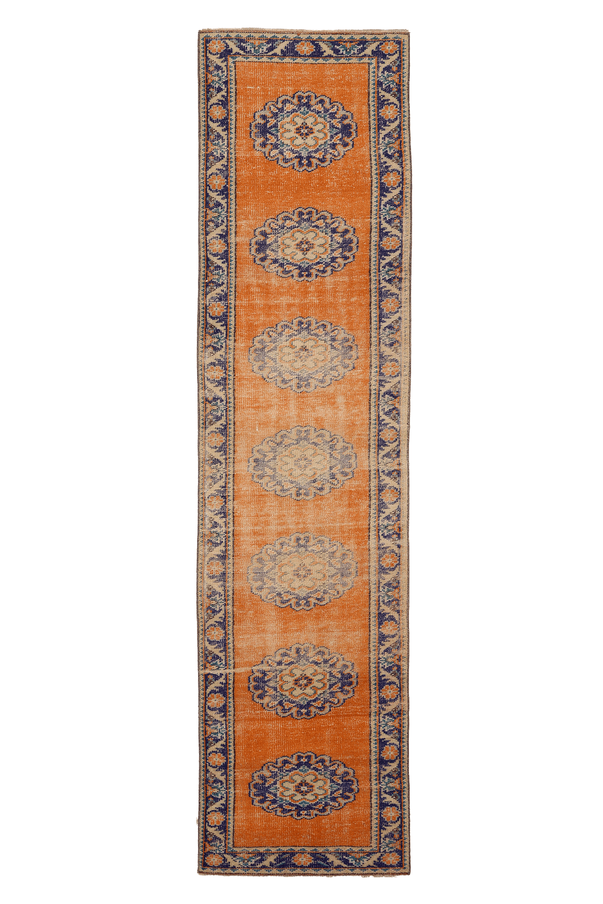 Vintage Manisa Turkish Runner Rug 2x10 ft — Orange & Blue Floral (No. 28026)